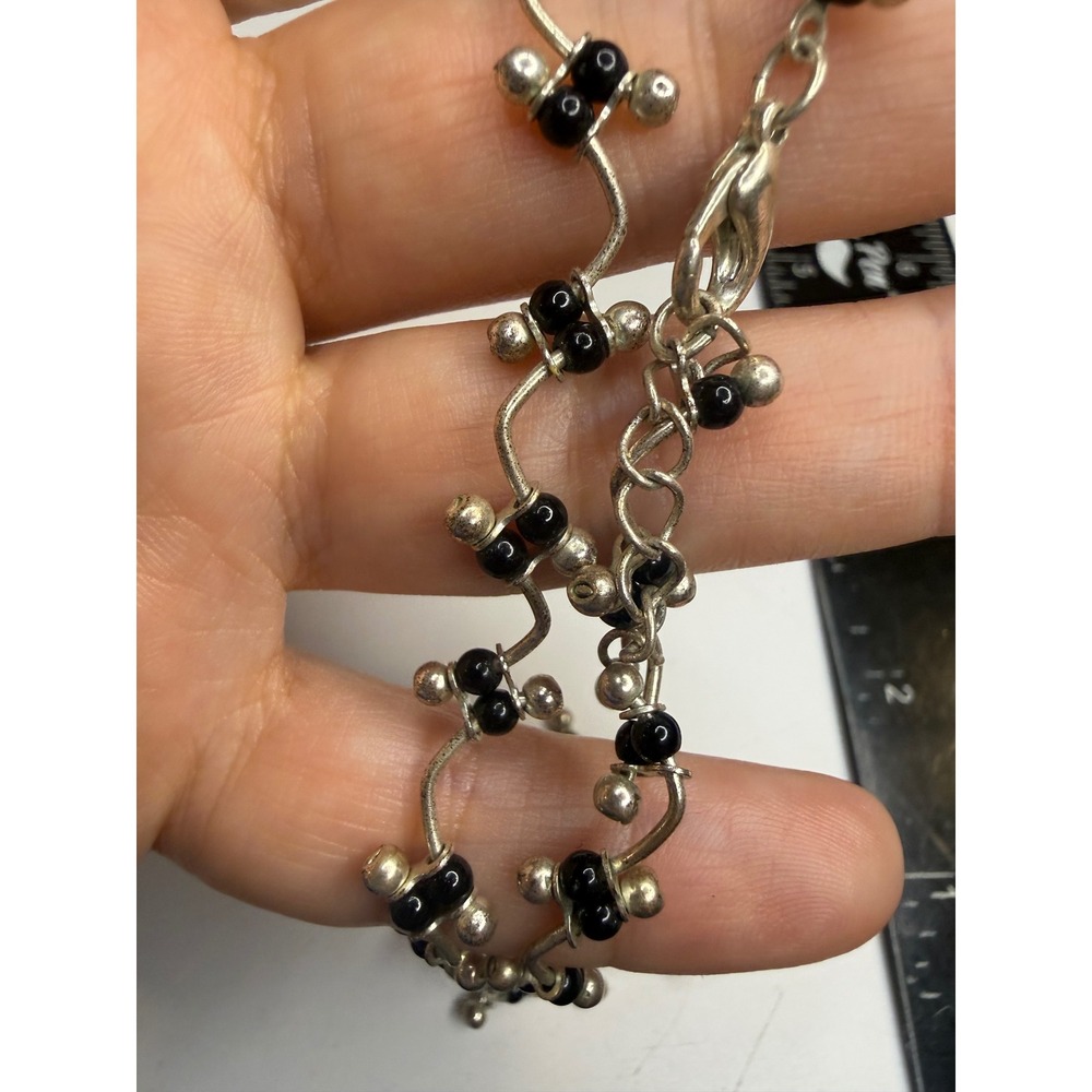 Silver Tone Wavy Wire Black Bead Collar Necklace Adjustable 16.5-18.5 Inch